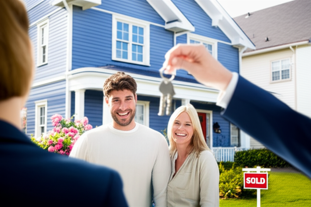 Famille recevant les clés de leur nouvelle maison
